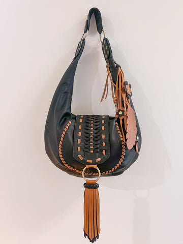 Daisy Hobo Bag - Black Leather with Cafe Trim